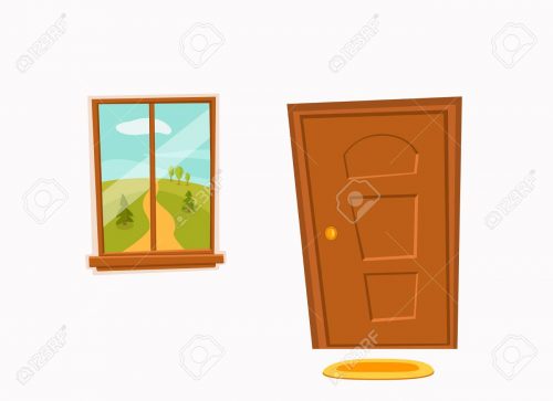 Window and door cartoon colorful vector illustration with valley summer sun landscape