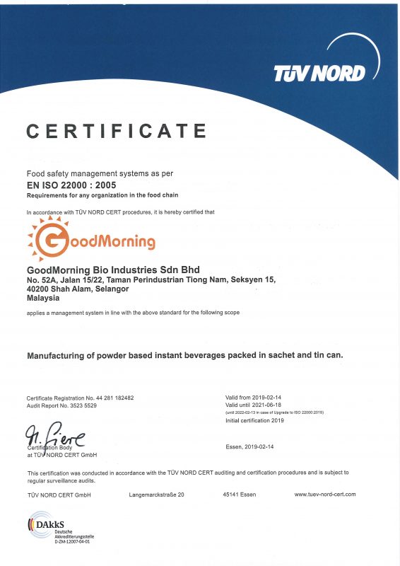 Good Morning BIO Certificate ISO 22000_exp 2021
